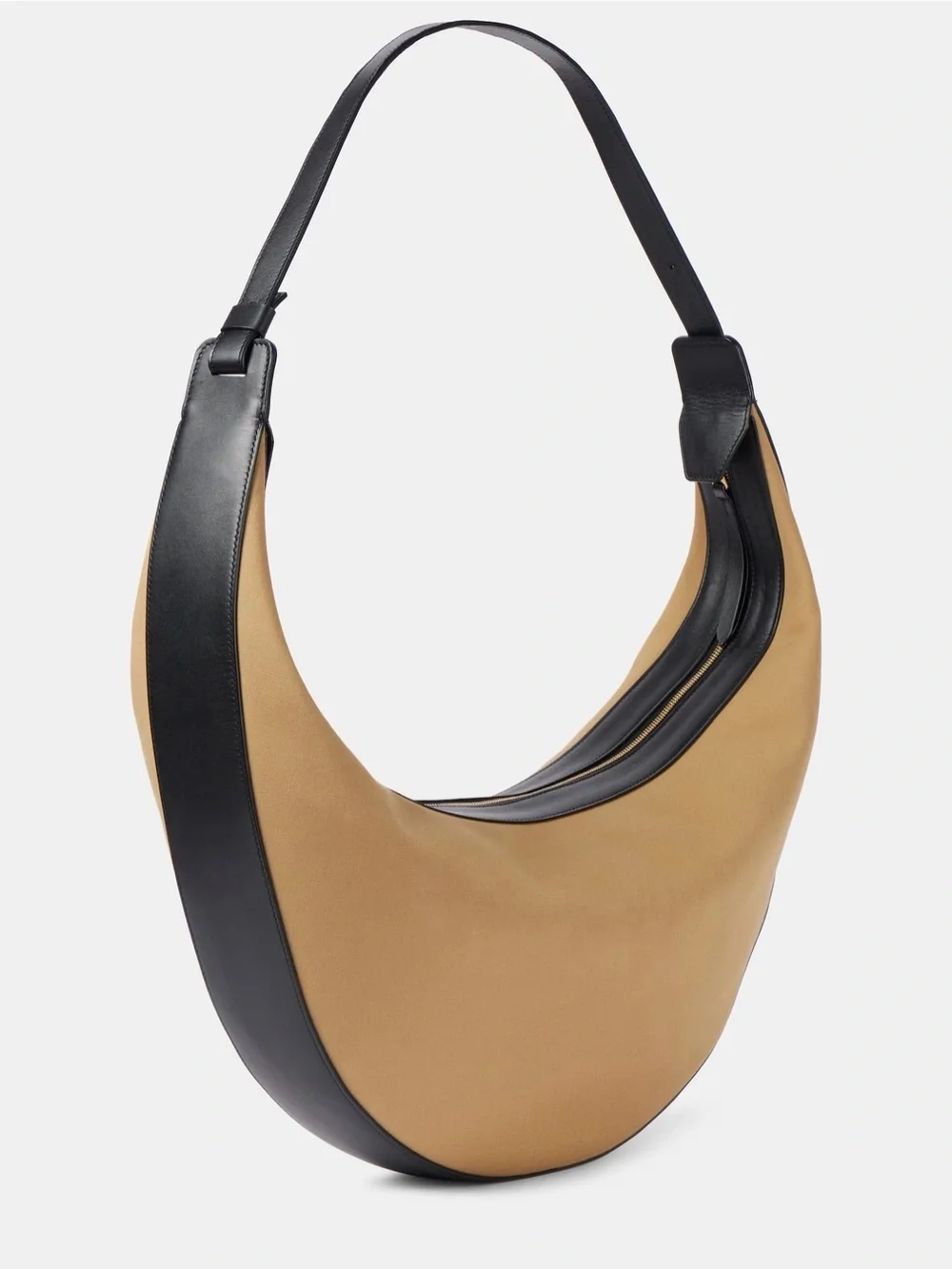 KHAITE Augustina Black Leather and Tan Canvas Crescent Hobo Tote Bag